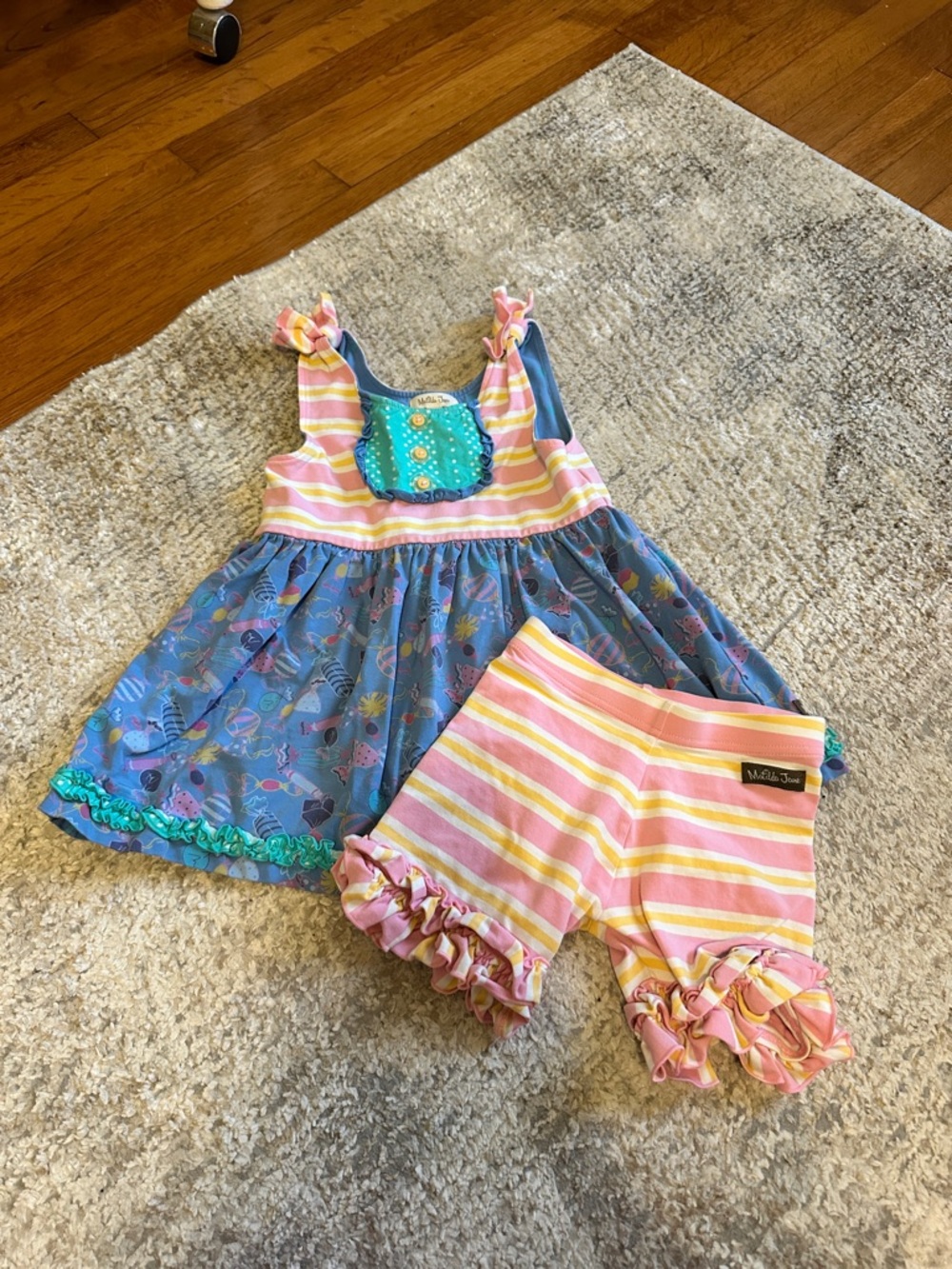 Matilda Jane Pink, Yellow & Blue Striped Tank with Teal Polka Dot Lining